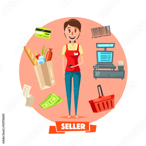 Seller woman or cashier in shop vector retail