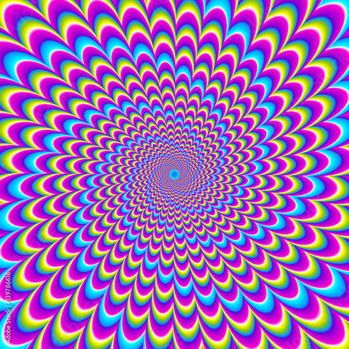 Colorful rainbow background with blue pulsing spirals. Optical expansion illusion.
