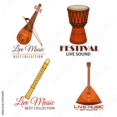 Live music folk festival vector icons