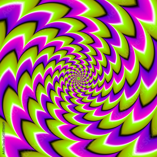Green, purple and pink spirals. Spin illusion.