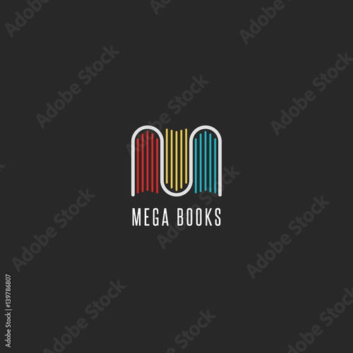 Bookstore logo idea, colorful books logotype in the form of letter M, emblem mockup for publishers, libraries and encyclopedias.