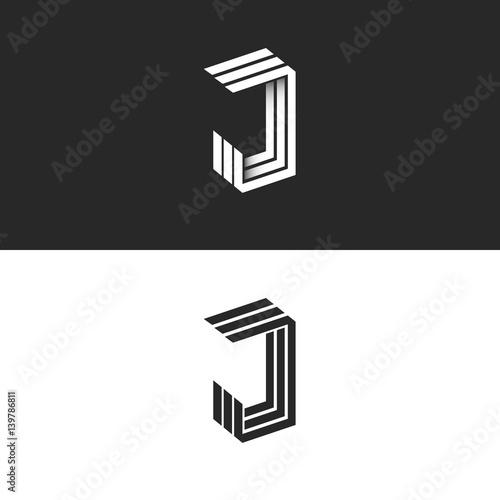 Logo J letter in isometric initial monogram, black and white 3d geometric line shape with shadow. JJJ perspective emblem typography design element.