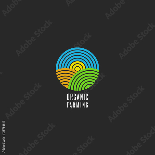 Organic farm logo round shape abstract line style agricultural landscape icon, sky, sun, field, grass for environmental emblem