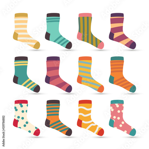 Child Socks Icons Vector. Colorful Cartoon Cute Stylized. Kids Wear Set