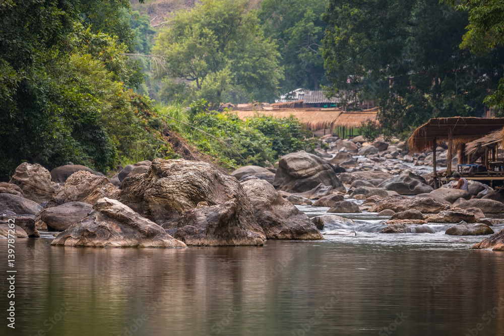 Beautiful River water flowing through stones and rocks at dawn Beautiful River water flowing through stones and rocks at dawn