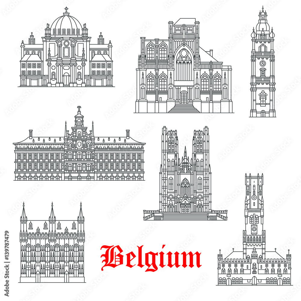 Architecture buildings of Belguim vector icons