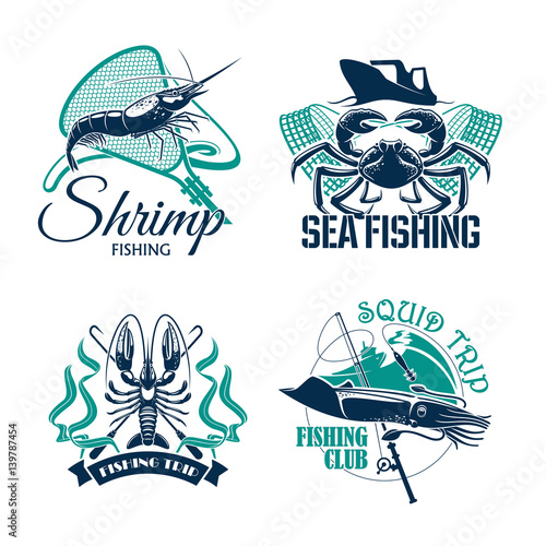 Fishing club or trip vector icons set