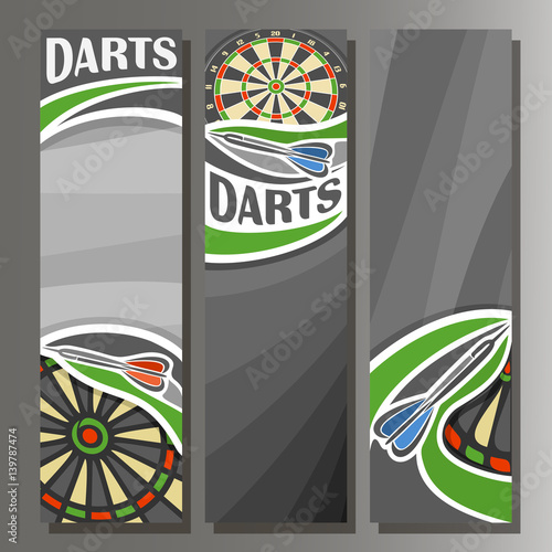 Vector Vertical Banners for Darts board: 3 cartoon template for title text on dart Dartboard theme, arrow throwing in target dartboard goal, abstract vertical banner for inscription on grey background