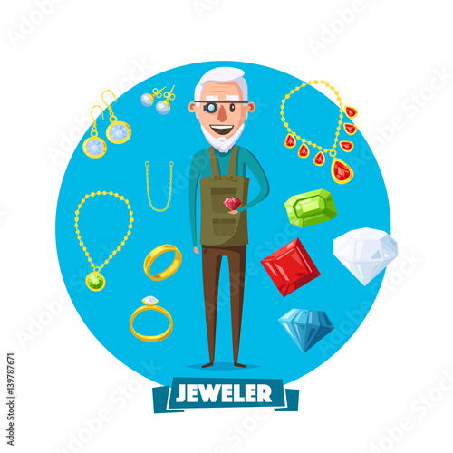 Jeweler man profession and jewelry vector items