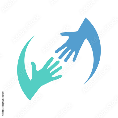 Helping logo hands color icon isolated on white background. Charity support. Caring people. Hope symbol. Vector illustration flat style. Template design. Teamwork, partnership concept.
