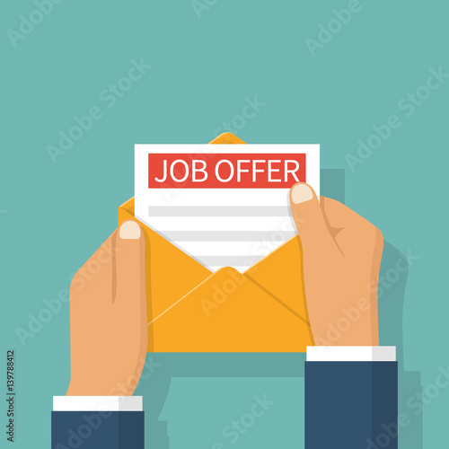 Headhunter holding in hand a job offer. Recruitment concept. Search for employee, colleagues. Ad on paper. Vector illustration flat design. Isolated on background.