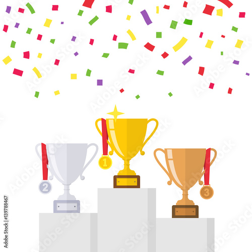 Winners podium from gold, silver, bronze trophy cup. Isolated on white background with colorful confetti. Template championship in sport and business concept.  First place award. Achievements prize.