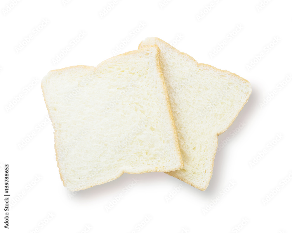 Closeup two slice bread for breakfast with shadow isolated on white background