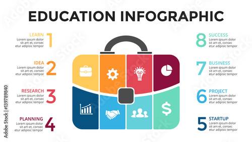 Vector briefcase infographic. Template for bag diagram, graph, presentation, round chart. Business professional portfolio with 8 options, parts, steps or processes. Travel and tourism concept.