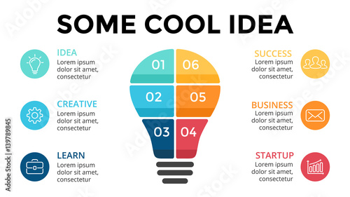 Vector light bulb infographic. Template for diagram, graph, presentation and layers chart. Business startup idea lamp concept with 6 options, parts, steps, processes. Successful brainstorming.