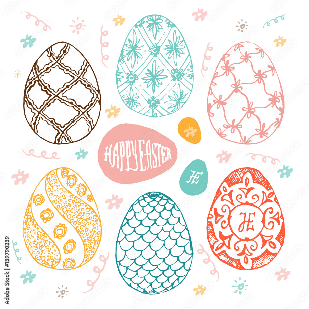 Set of Easter eggs with patterns, ornaments and lettering. Easter holidays design template for invitation card. Vintage illustration. Set of Easter eggs with patterns, ornaments and lettering. Easter holidays design template for invitation card. Vintage illustration.