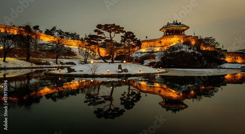 Reflection of Suwon Hwaseong fortres in Suwon.Korea