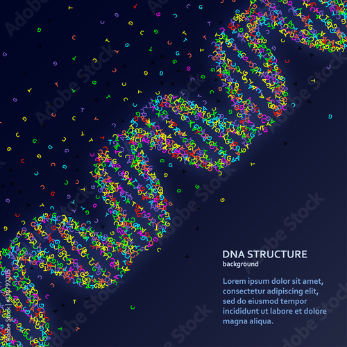 DNA structure made of symbols of four nitrogen-containing nucleobases. Trendy neon background. Vector illustration.