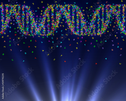 DNA structure made of symbols of four nitrogen-containing nucleobases. Trendy neon background. Vector illustration.