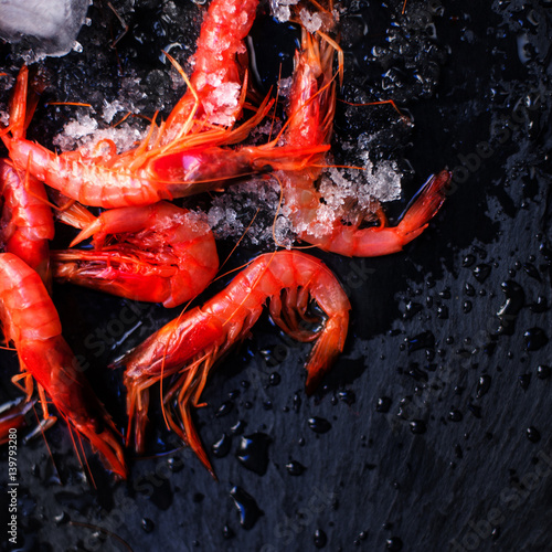 Fresh raw shrimps on black background with ice - Food background with copyspace.