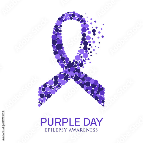 World epilepsy day poster with purple ribbon made of dots on white background.  Awareness solidarity day. Isolated vector illustration.
