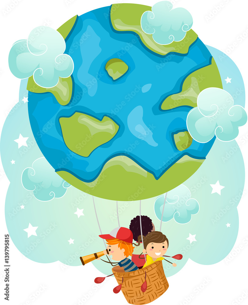 Fototapeta premium Stickman Kids Earth Air Balloon Travel