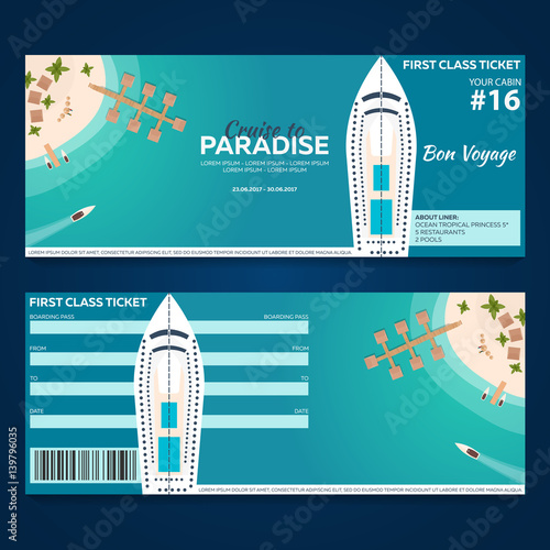 Travel. Cruise to Paradise. Ticket. Cruise liner. Ship. Vector flat illustration.