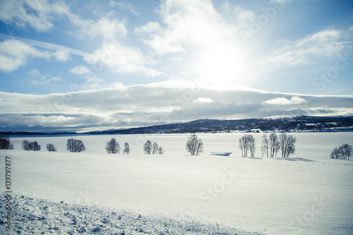 A beautiful landscape of a frozen lake in a snowy Norwegian winter day © dachux21