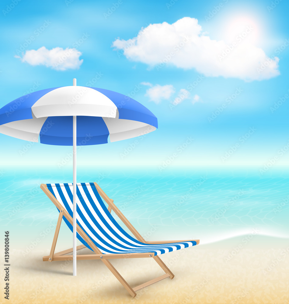 Beach with Sun Beach Umbrella Beach Chair and Clouds. Summer Vac Beach with Sun Beach Umbrella Beach Chair and Clouds. Summer Vac