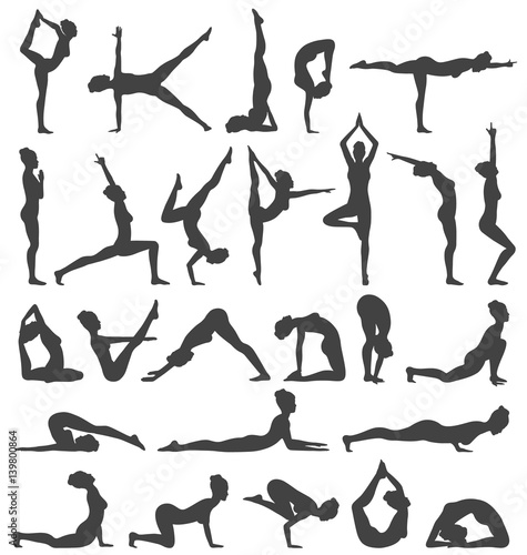 Yoga Poses Collection Set Black Icons Isolated on White