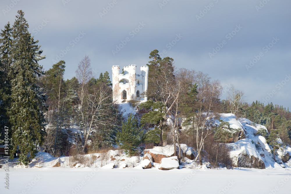 View of a chapel tomb of Lyudvigsburg on the Island of the Dead in the February afternoon. Vyborg, Russia