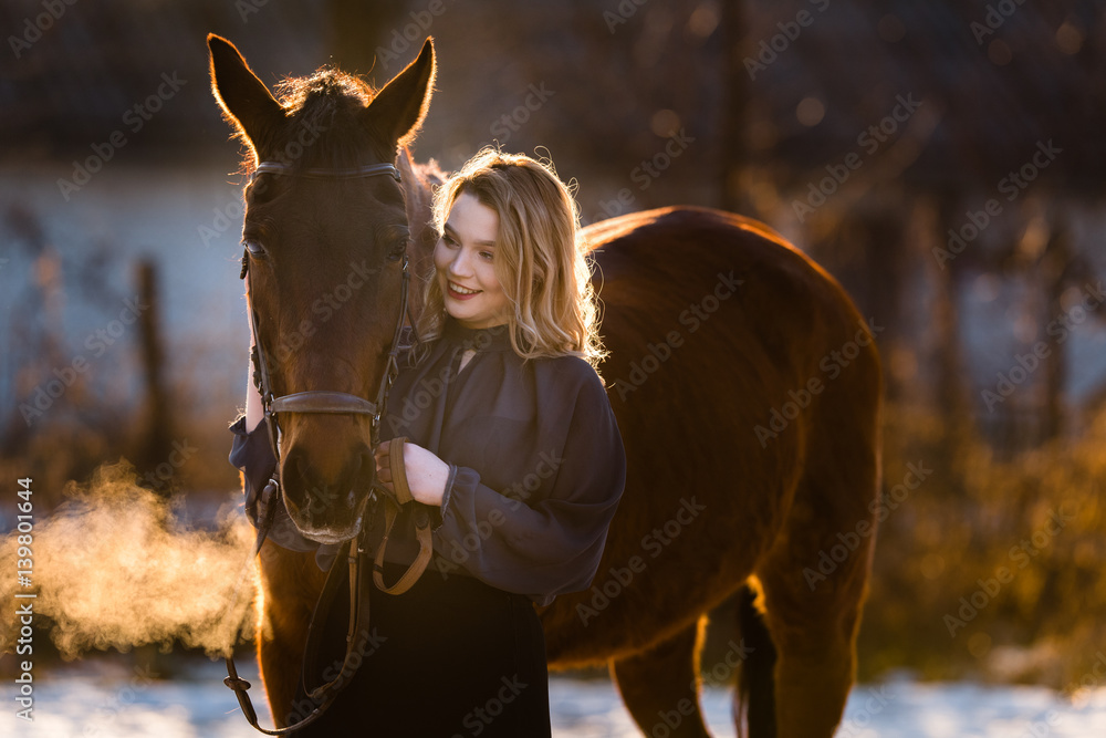 Obraz Young beautiful elegance woman posing with horse