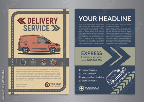 Set of Express delivery service brochure flyer design layout template. Fast delivery and quality service transportation magazine cover, mockup flyer. Layout in A4 size. Vector illustration.