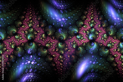 Abstract intricate ornament on black background. Psychedelic fractal design in blue, pink and green colors. Digital art. 3D rendering.