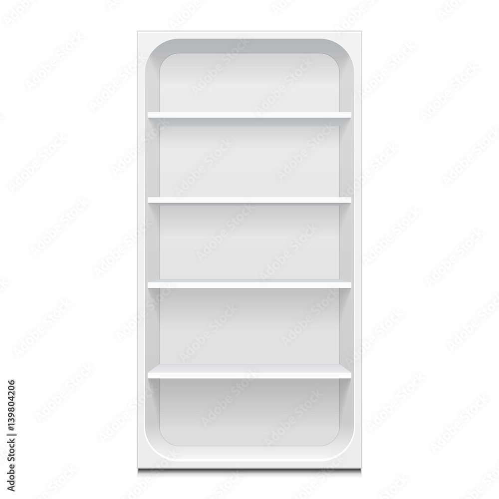 Blank Empty Rounded Showcase Display With Retail Shelves. 3D. Front View. Mock Up, Template. Illustration Isolated On White Background. Ready For Your Design. Product Advertising. Vector EPS10 Blank Empty Rounded Showcase Display With Retail Shelves. 3D. Front View. Mock Up, Template. Illustration Isolated On White Background. Ready For Your Design. Product Advertising. Vector EPS10
