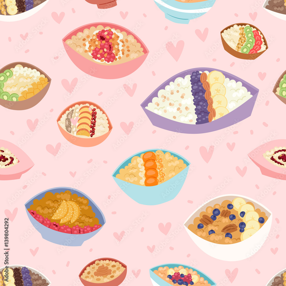 Cartoon seamless pattern healthy oatmeal porridge in bowls with different organic fillings and traditional diet oat morning cereal meal vector illustration.