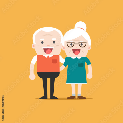 Retired elderly senior age couple in creative flat vector character design | Grandpa and grandma standing full length smiling