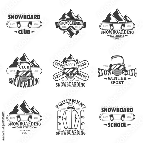 Snowboarding, extreme sport, equipment for snowboard,snowboard club, school set of vector vintage emblems, labels, badges and logos in monochrome style on white background