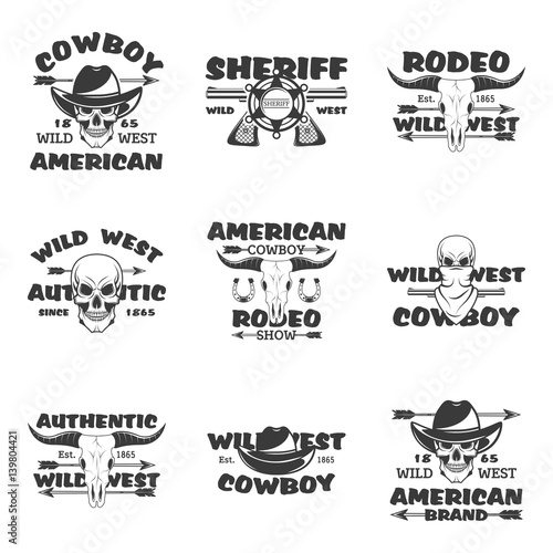 Wild west, rodeo show, sheriff, cowboy set of vector vintage emblems, labels, badges and logos in monochrome style on white background