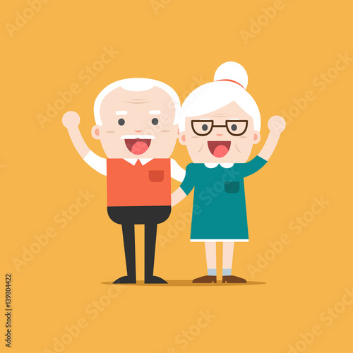 Retired elderly senior age couple in creative flat vector character design | Grandpa and grandma standing full length smiling