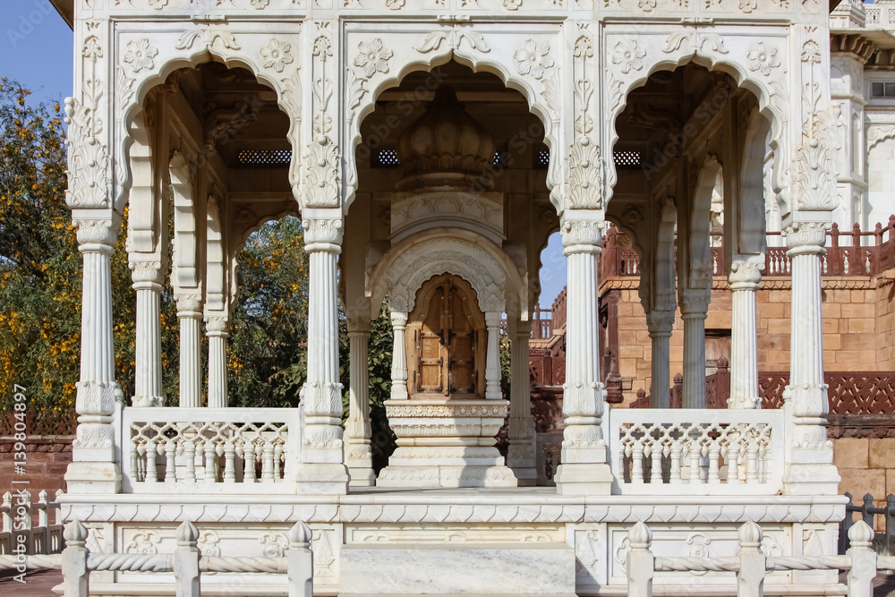 Detail view of arcade of Jaswant Thada, Jodhpur, Rajasthan, India 