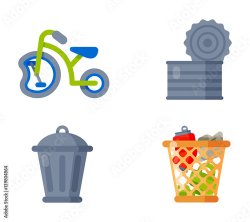 Household waste garbage icons vector illustration trash recycling ecology environment isolated recycle concept plastic paper symbol can bin eco