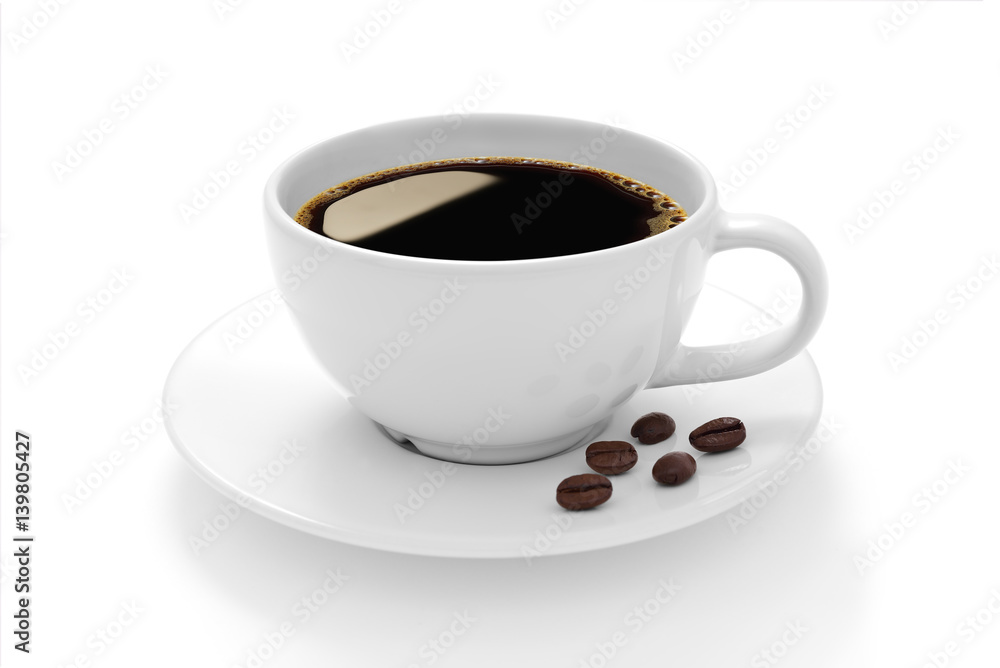 Fototapeta premium Cup of coffee with coffee beans isolated on white background