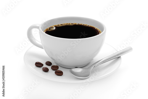 Cup of coffee with coffee beans isolated on white background © amenic181