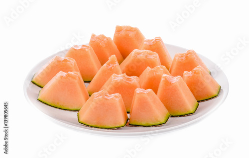 Melon slices arranged on a plate.