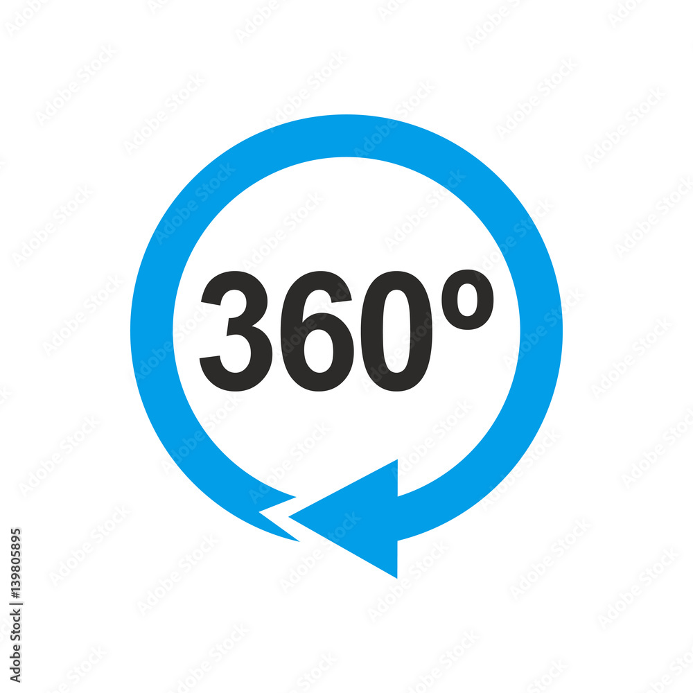 Icono plano 360 gris con flecha circular azul en fondo blanco Icono plano 360 gris con flecha circular azul en fondo blanco