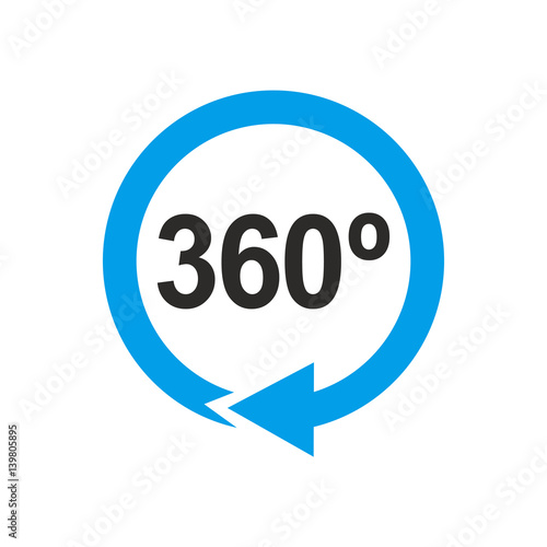 Icono plano 360 gris con flecha circular azul en fondo blanco