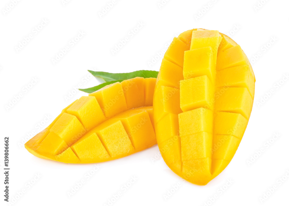 Mango slice cut to cubes close-up isolated on white background Mango slice cut to cubes close-up isolated on white background