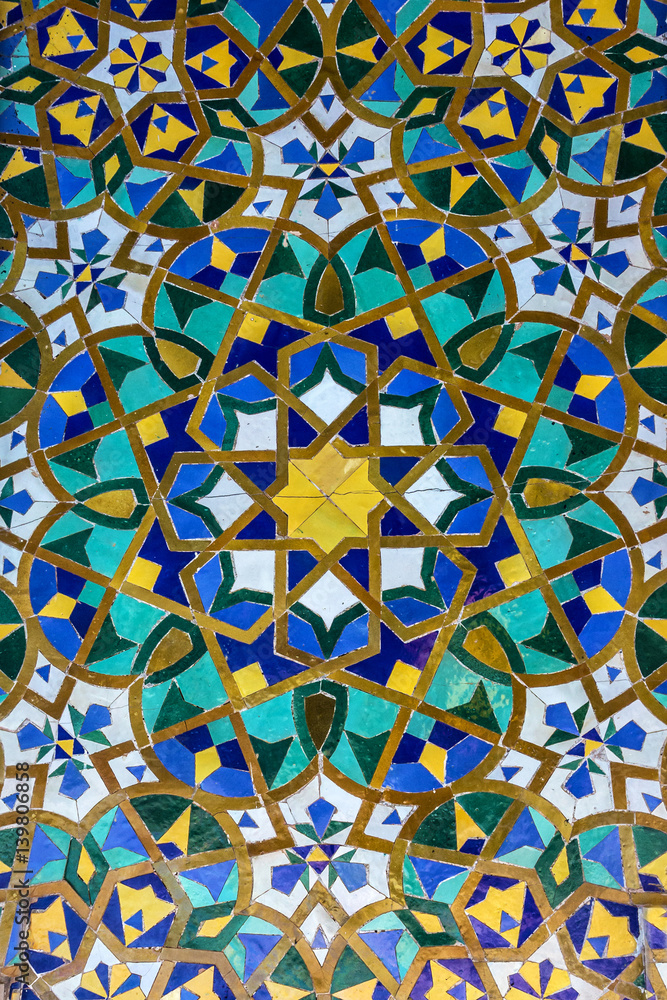 oriental background, Moroccan mosaic tile, ceramic decoration of Hassan II Mosque, Casablanca, Morocco
