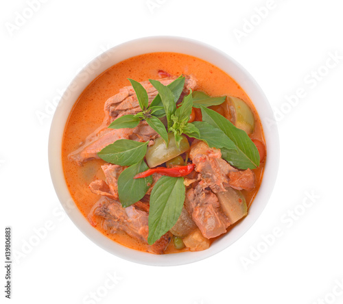 Kaeng Pled Ped Yang (Roasted Duck in Red Curry), Popular Thai food , Top view On white background
